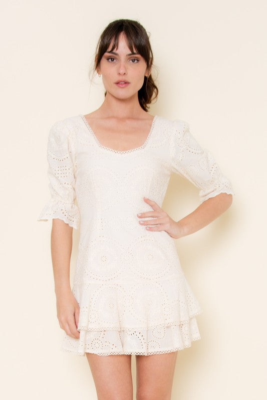 Light Peach Eyelet Tiered Mini Dress