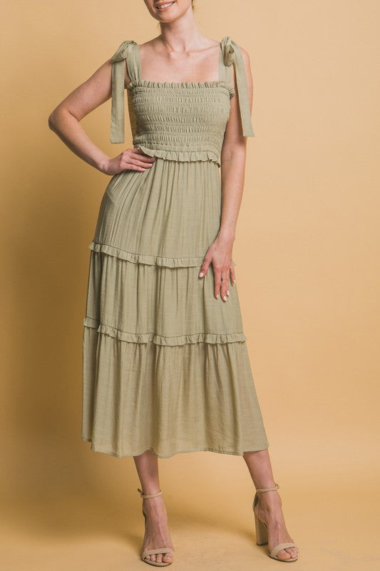 Pretty Lady Smocked Midi In Sage