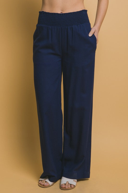 Smocked Waist Linen Pants In Navy