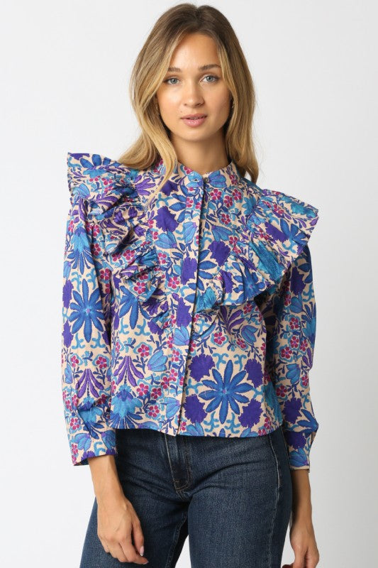Blooming Blues Long Sleeve Puff Blouse