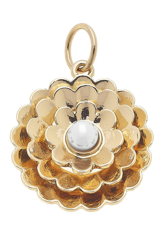 Layered Pearl Flower Charm In Shiny Gold