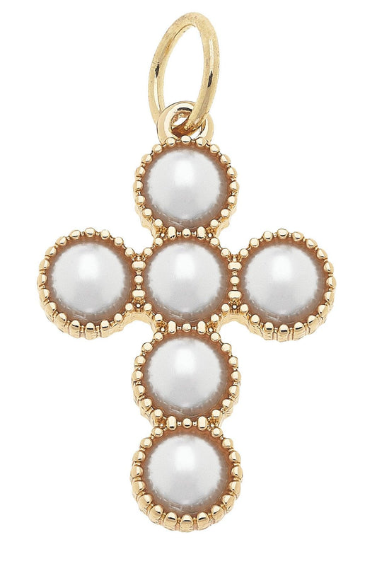 Pearl Cross Charm In Shiny Gold