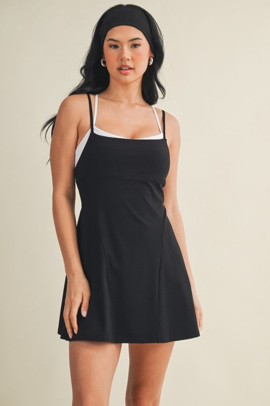 Solid Double Layer Athletic Dress In Black