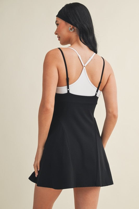 Solid Double Layer Athletic Dress In Black
