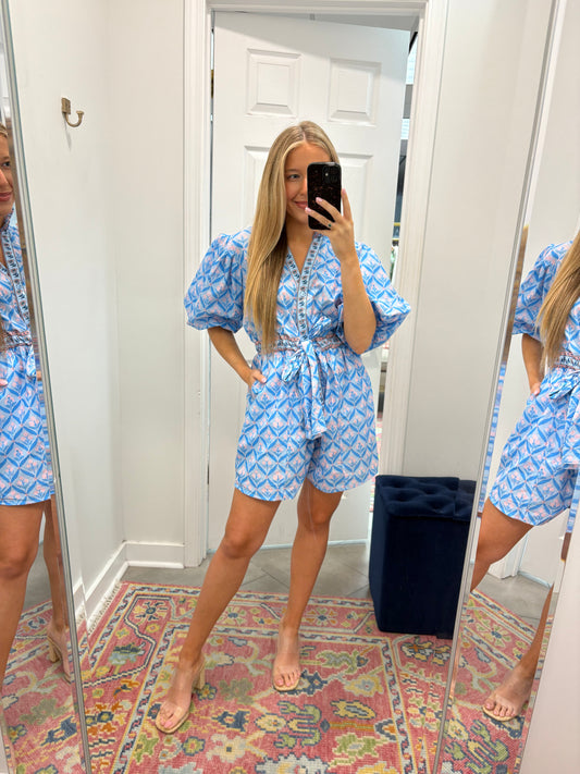 Ruffle Neck Puff Sleeve Romper In Blue