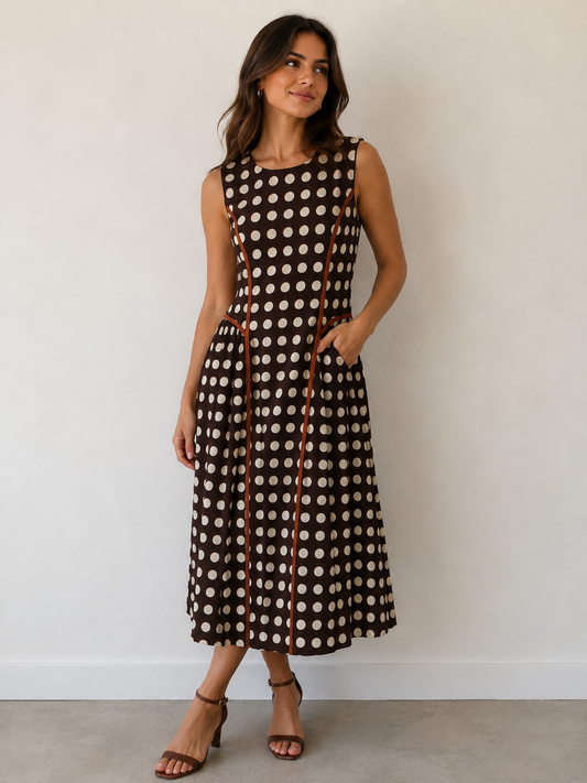 Polka Dot Sleeveless Midi Dress In Brown