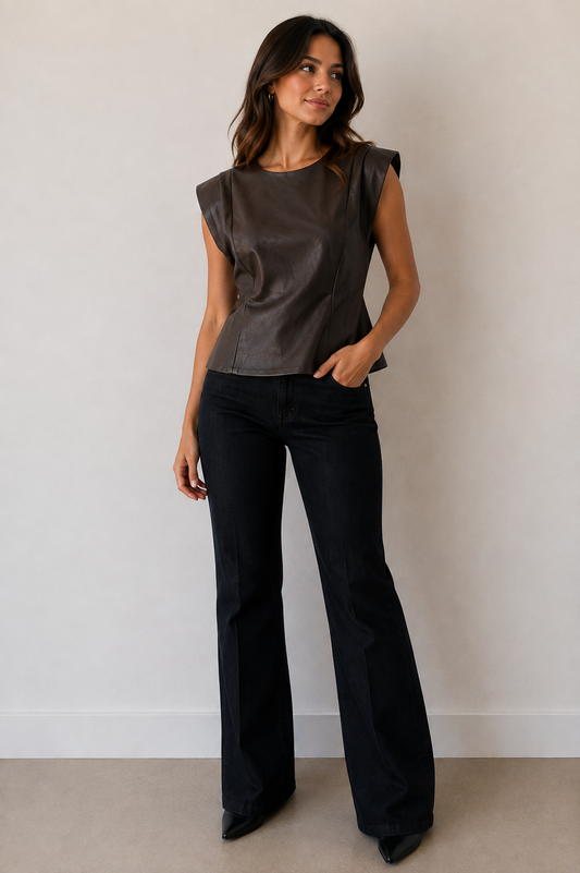 Faux Leather Shoulder Pleat Top
