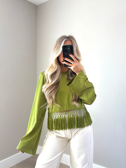 Olive Fringe Long Sleeve Top
