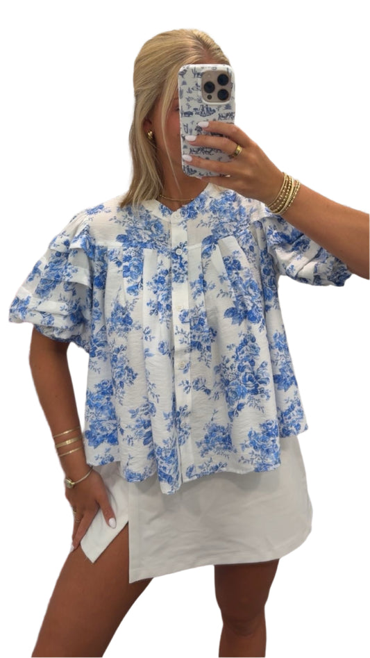 Blue Sky Floral Puff Sleeve Top