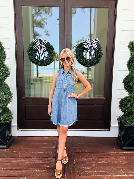 Sleeveless Denim Mini Shirt Dress