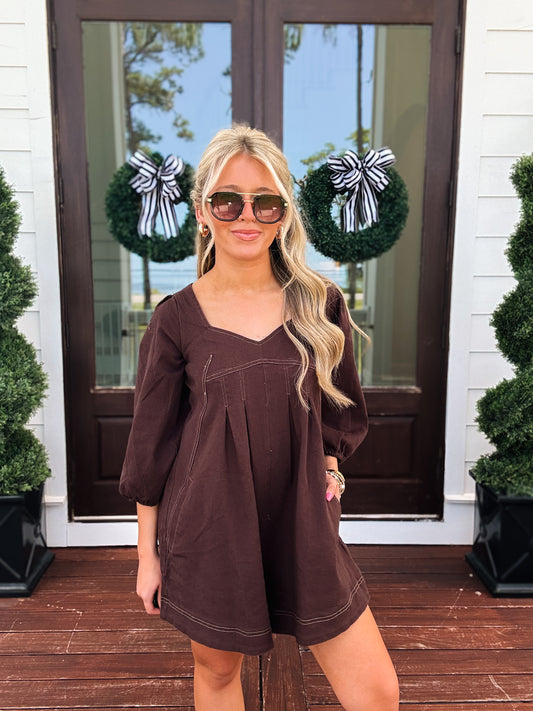 Puff Sleeve Denim Romper In Brown