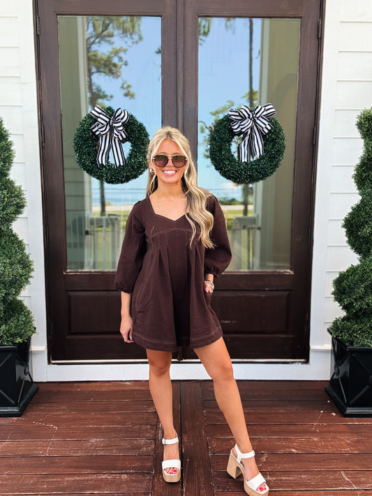 Puff Sleeve Denim Romper In Brown