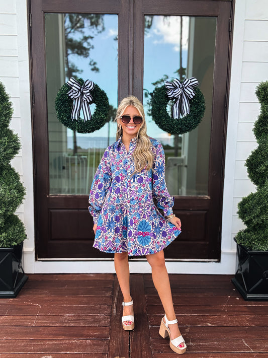 Blooming Blues Button Down Mini Dress