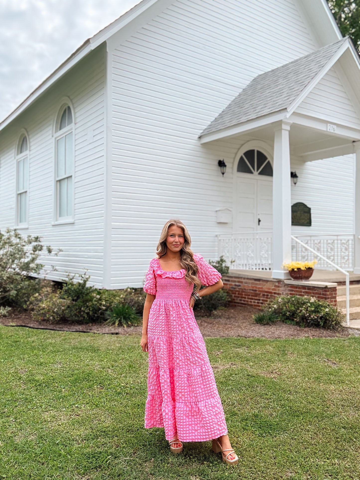 Textured Maxi Puff Sleeve Dress In Pink