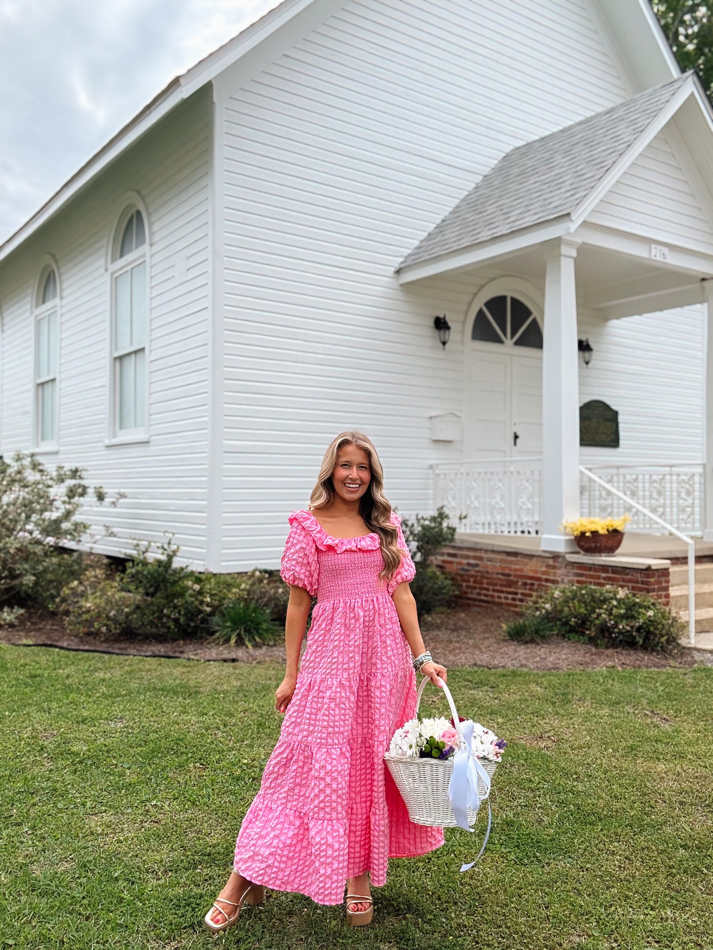 Textured Maxi Puff Sleeve Dress In Pink