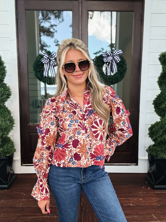 Forever Thankful Floral Ruffle Long Sleeve Blouse