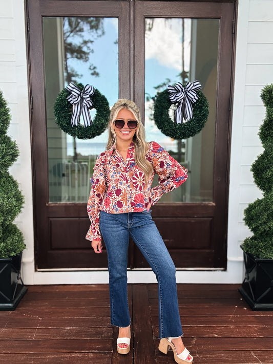 Forever Thankful Floral Ruffle Long Sleeve Blouse