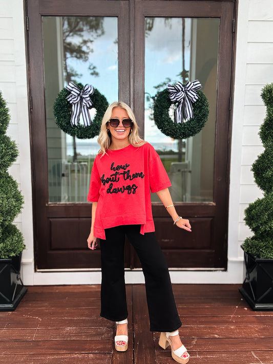 How Bout Them Dawgs Glitter Script Boxy Tee