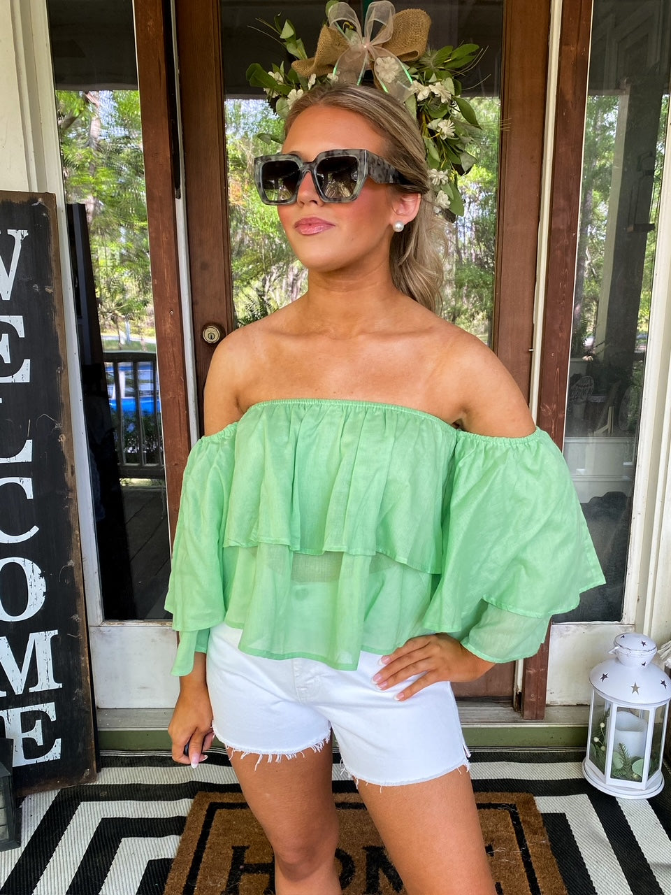 Layered Off the Shoulder Crop Top in Green