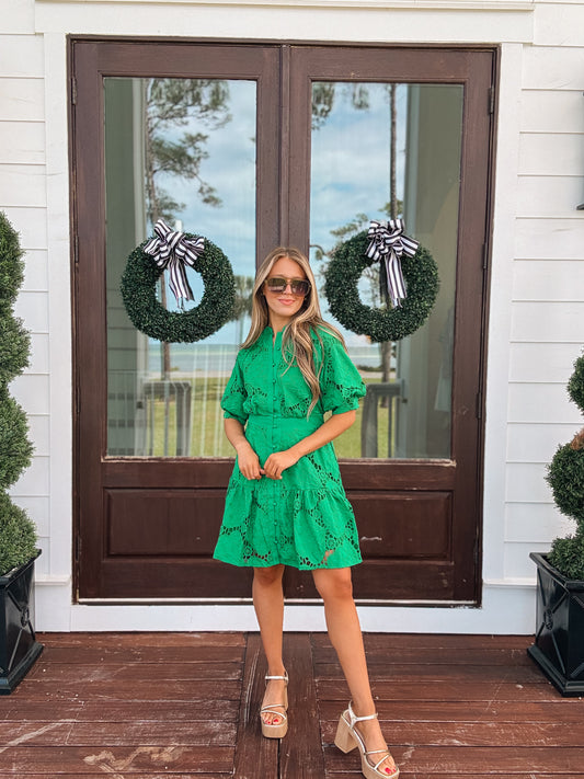 Spring Green Puff Sleeve Mini Dress