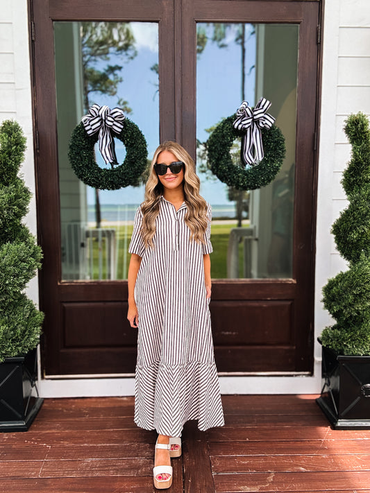Stripe Pattern Seersucker Midi In Black