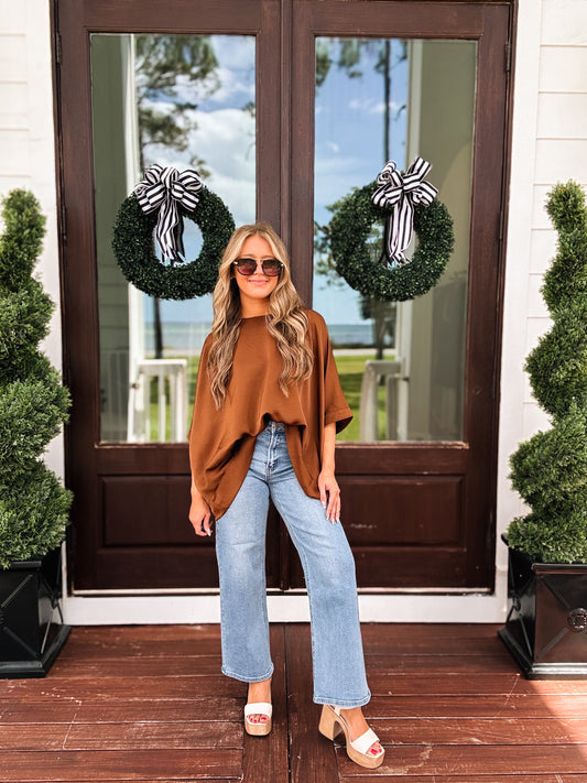 Round Neck Oversized Satin Top In Brown