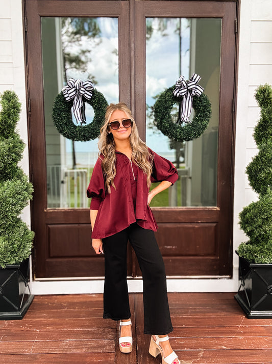 Mock Neck Band Puff Sleeve Blouse In Burgundy