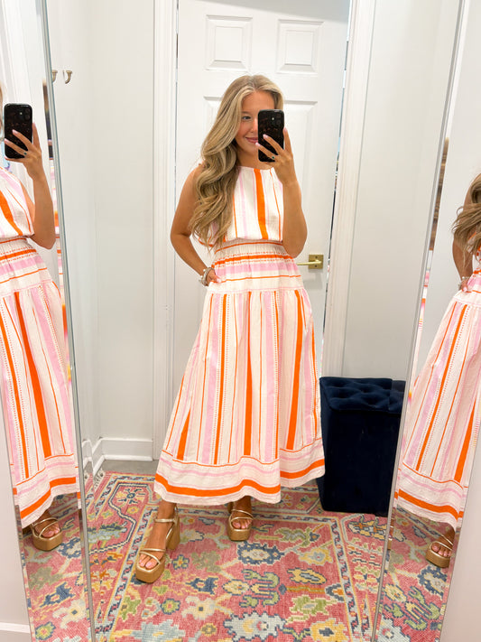 Coral Stripe Midi Dress