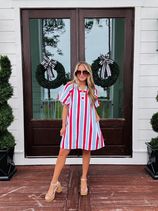 Mrs. America Stripe Puff Sleeve Dress