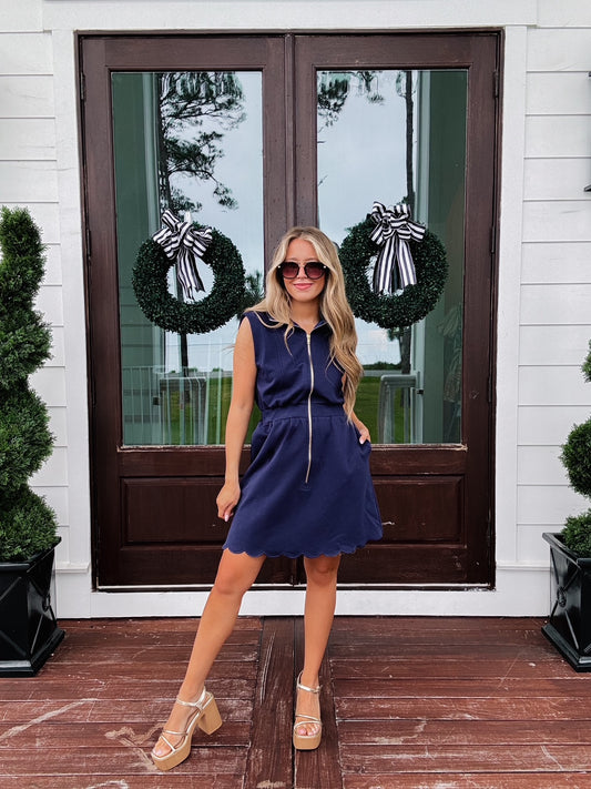 Sleeveless Mini Dress with Scallop Collar in Navy