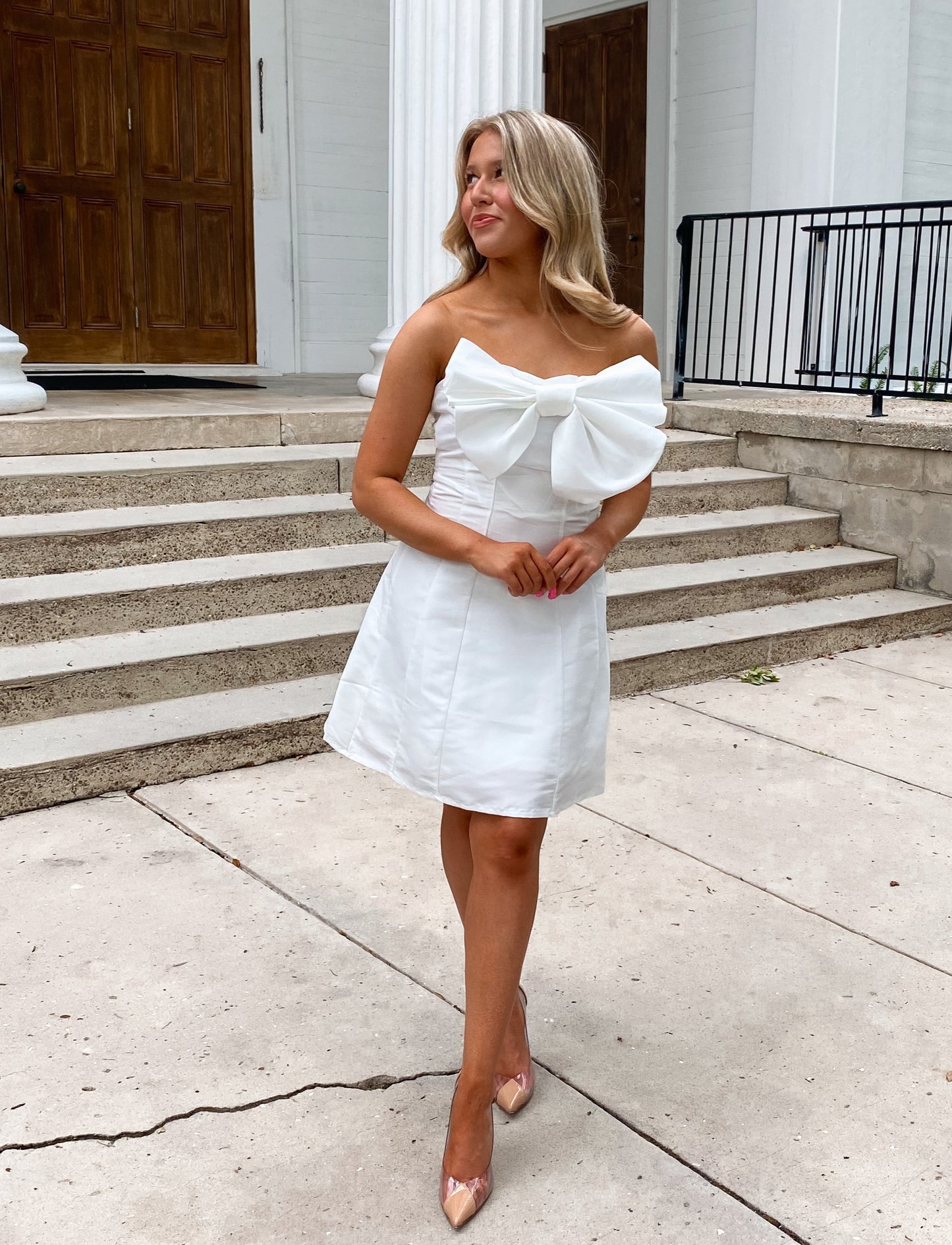 Strapless A-Line Bow Mini Dress in White