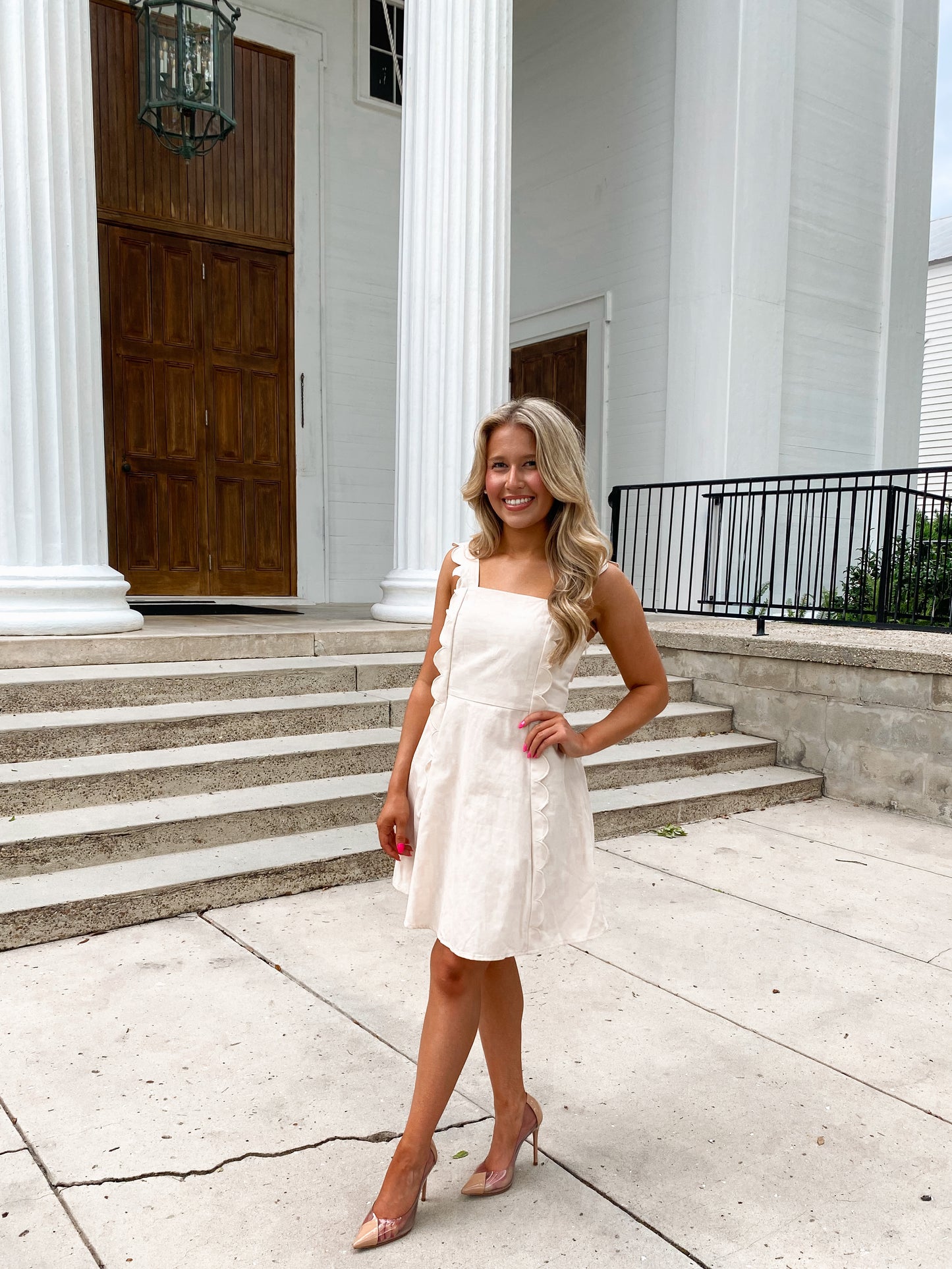 Scalloped Detail Adjustable Back Tie Dress in Cream