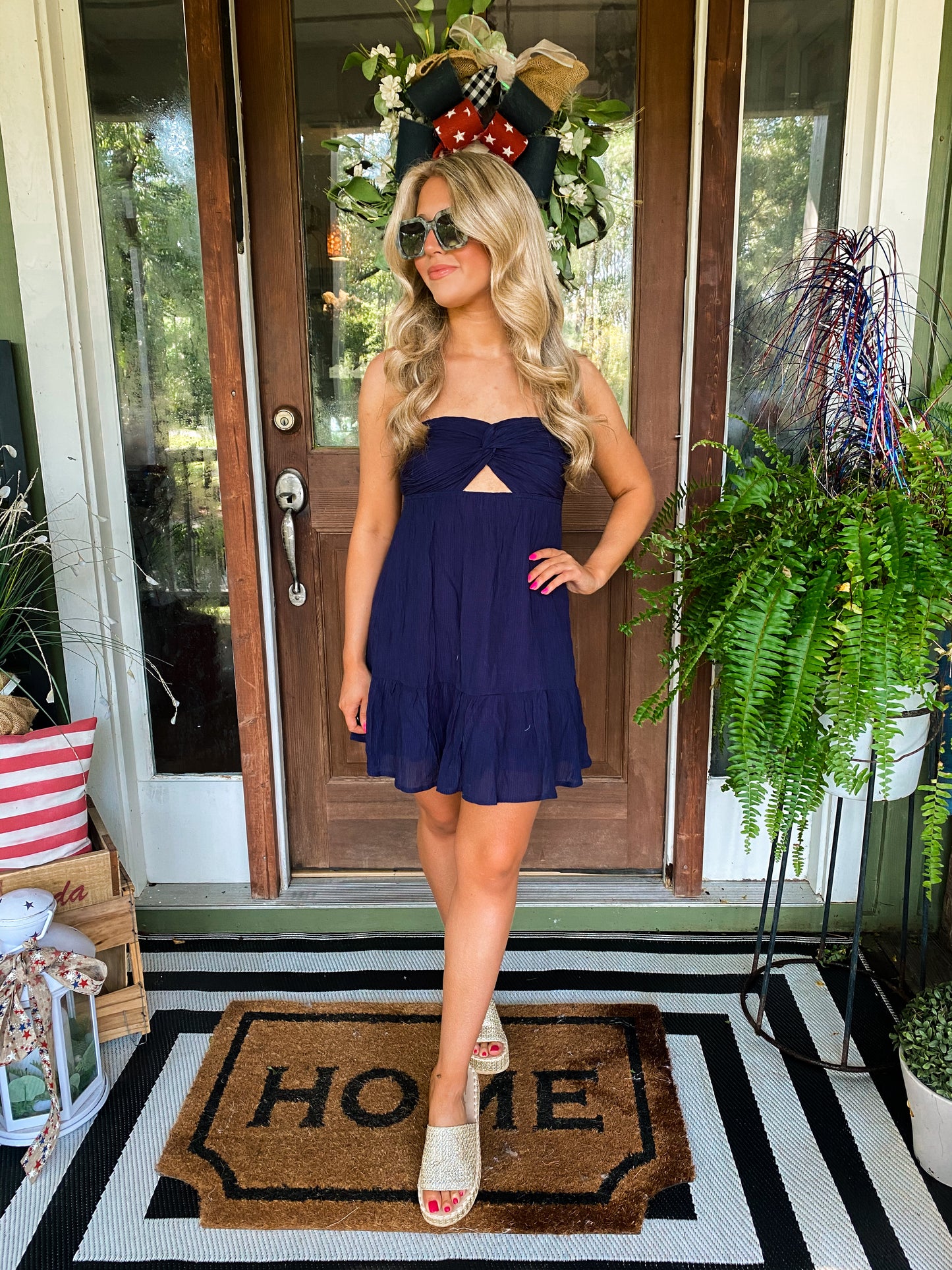 Ruffled Hem Strapless Dress in Navy