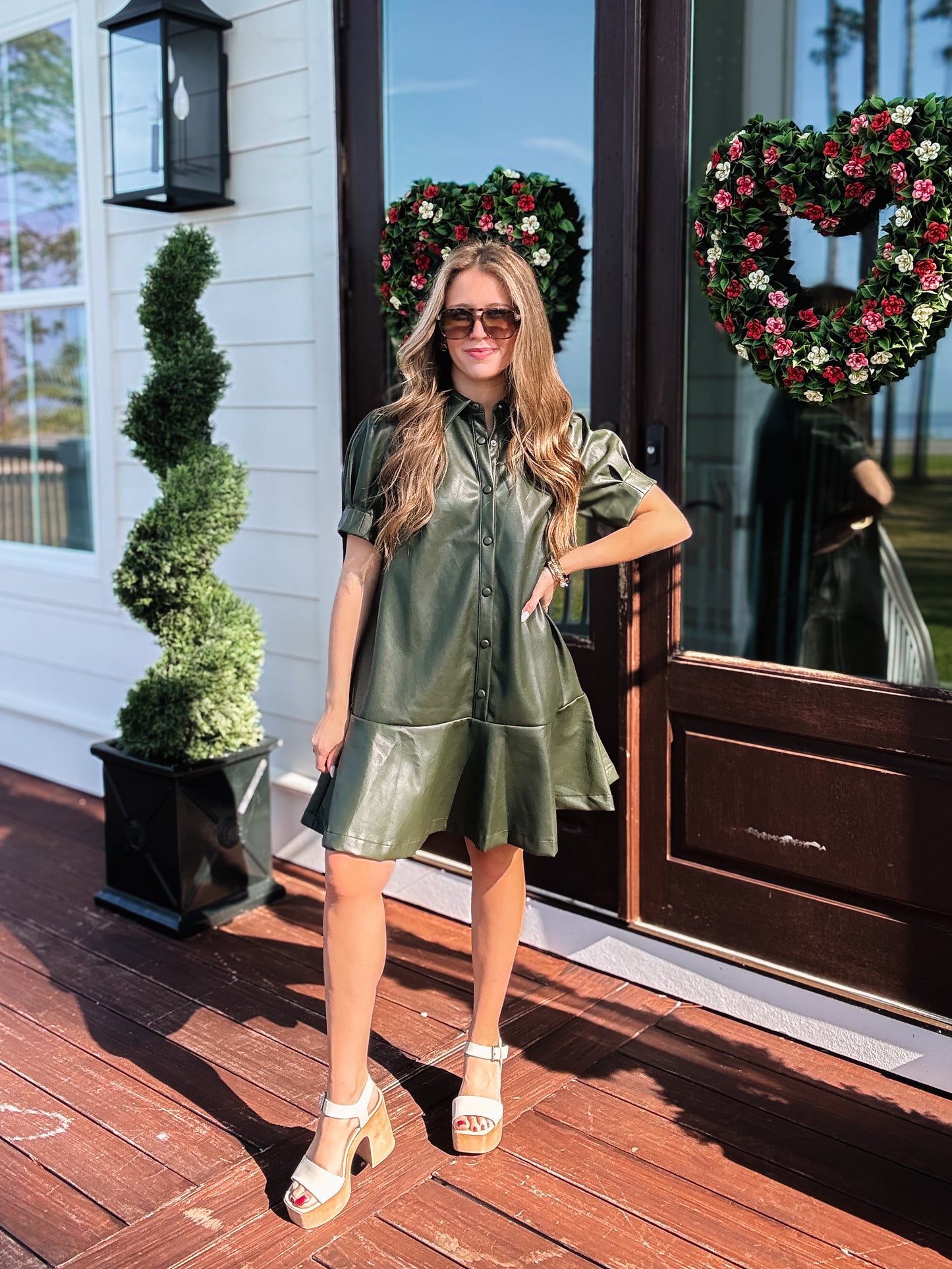 Olive Faux Leather Button Front Dress