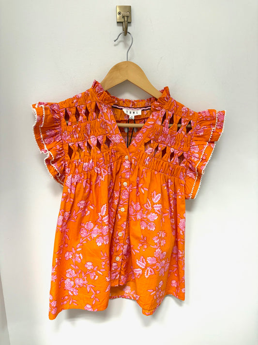 Floral Flutter Sleeve Top In Orange
