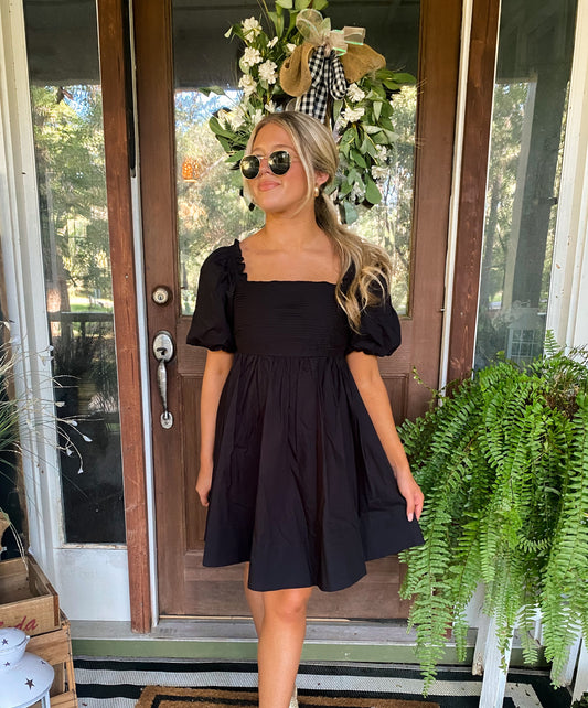 Tie Back Puff Sleeve Dress in Black