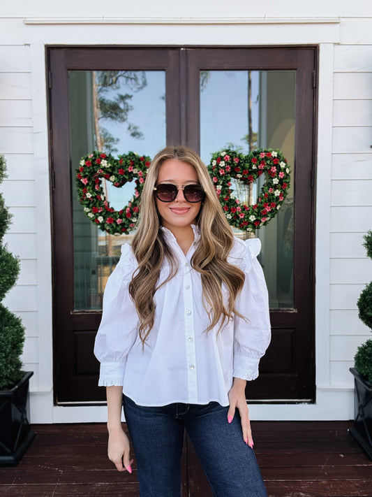 Ruffle Button Down Top In Snow White