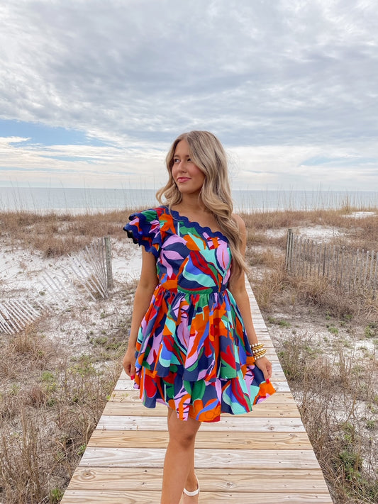 Tropical Abstract One Shoulder Ruffle Dress