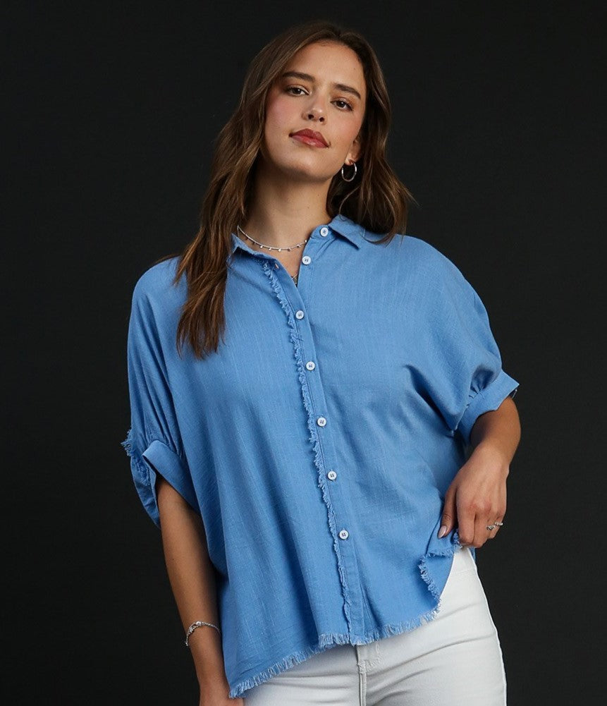 Islamorada Button Up Linen Top in Orchid Blue