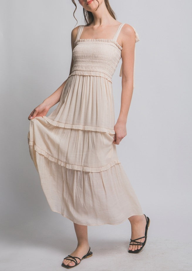 Jessie Smocked Midi Dress in Natural