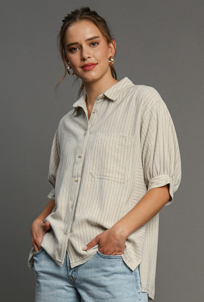 Islamorada Button Up Linen Top in Oatmeal Stripe