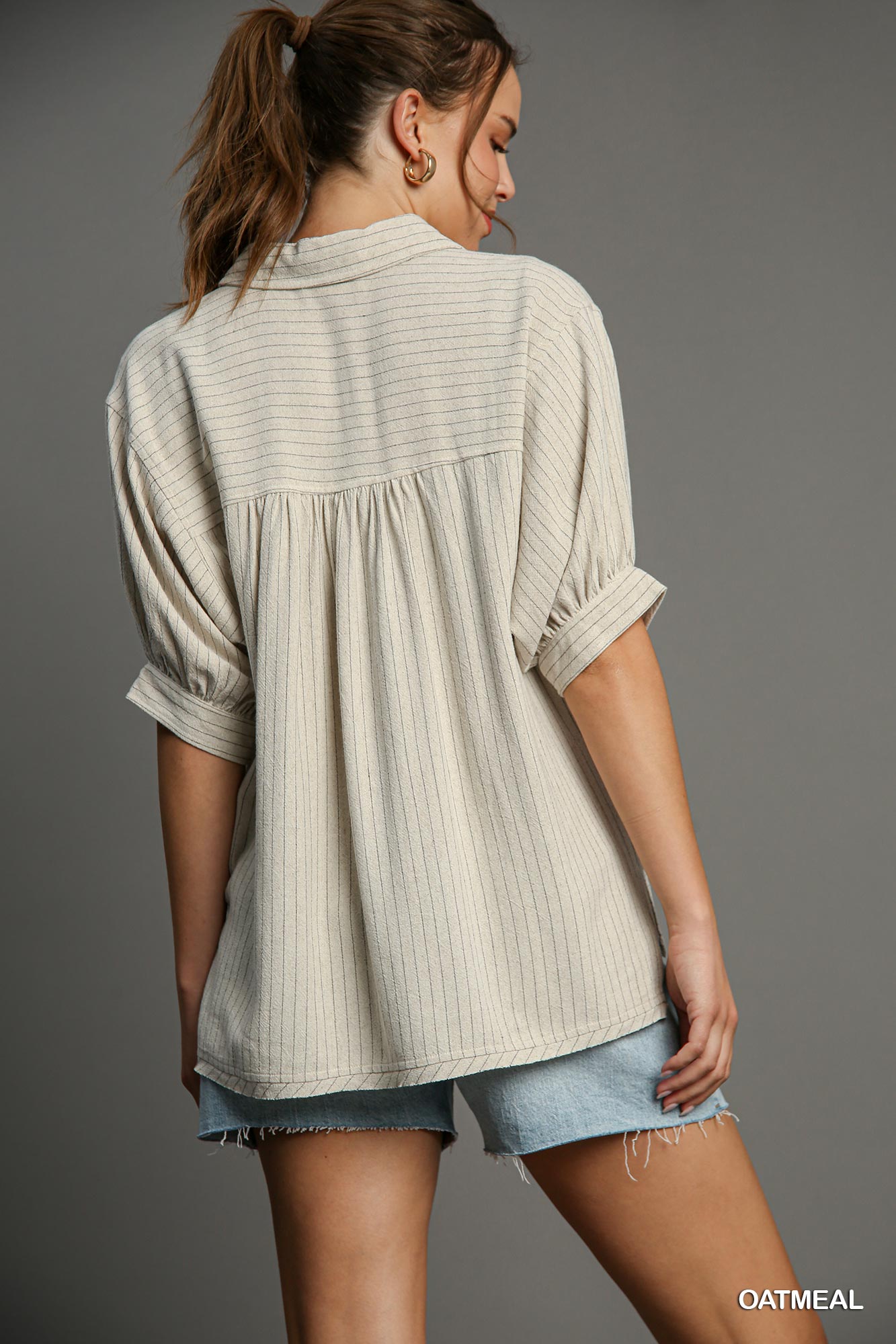 Islamorada Button Up Linen Top in Oatmeal Stripe