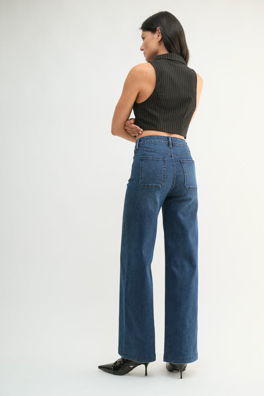 Katie Mini Patch Pocket Wide Leg Jeans In Dark Denim