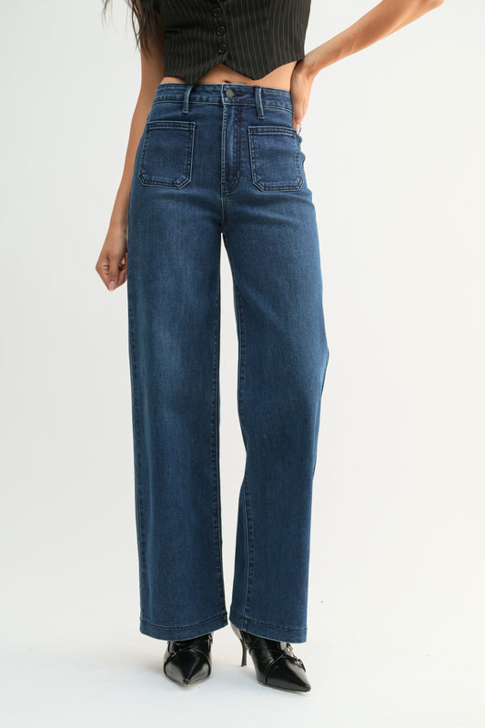 Katie Mini Patch Pocket Wide Leg Jeans In Dark Denim