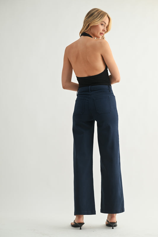 Katie Mini Patch Pocket Wide Leg Jeans In Navy