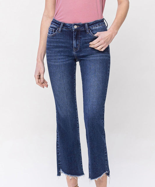 Mid Rise Raw Hem Crop Flare Jean