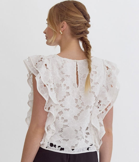 Lace Floral Square Neck Top in White