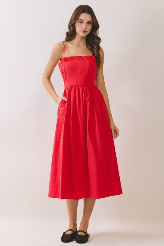Lace Up Back Strap Detail Midi Dress in Coral Red