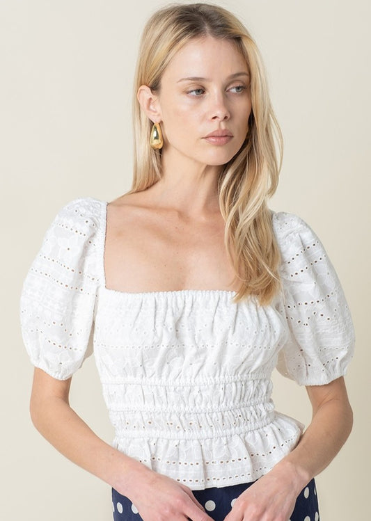 Laurel Embroidered Puff-Sleeve Top in White