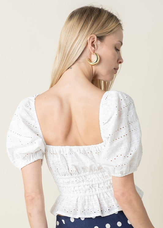Laurel Embroidered Puff-Sleeve Top in White